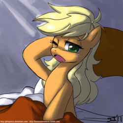 Size: 700x700 | Tagged: safe, artist:johnjoseco, applejack, earth pony, pony, g4, :o, adobe imageready, awakening, bed, crepuscular rays, female, freckles, hatless, looking at you, loose hair, mare, messy mane, missing accessory, morning ponies, one eye closed, open mouth, sitting, solo, wink, yawn