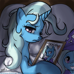 Size: 720x722 | Tagged: safe, artist:johnjoseco, trixie, pony, unicorn, g4, adobe imageready, bed, bust, female, looking at you, mare, morning ponies, narcissism, picture, pillow, plushie, portrait, solo
