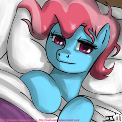 Size: 900x900 | Tagged: safe, artist:johnjoseco, cup cake, earth pony, pony, g4, adobe imageready, bed, cute, female, looking at you, mare, morning ponies, on back, pillow, smiling, solo