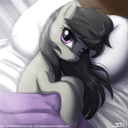 Size: 900x899 | Tagged: safe, artist:johnjoseco, octavia melody, earth pony, pony, :o, adobe imageready, bed, bedroom eyes, cute, female, light, looking at you, mare, messy mane, morning ponies, on side, open mouth, palindrome get, pillow, signature, solo