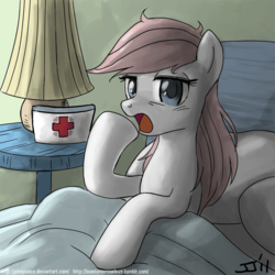 Size: 900x899 | Tagged: safe, artist:johnjoseco, nurse redheart, earth pony, pony, g4, adobe imageready, alternate hairstyle, bed, female, looking at you, loose hair, mare, messy mane, morning ponies, open mouth, pillow, raised hoof, sitting, solo, yawn