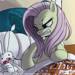 Size: 900x900 | Tagged: safe, artist:johnjoseco, angel bunny, fluttershy, pegasus, pony, rabbit, g4, adobe imageready, angelbuse, angry, animal, discorded, female, flutterbitch, gritted teeth, mare, morning ponies