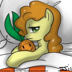 Size: 900x900 | Tagged: safe, artist:johnjoseco, carrot top, golden harvest, earth pony, pony, g4, adobe imageready, carrot, female, food, looking at you, mare, morning ponies, pillow, solo