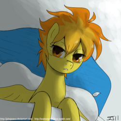 Size: 900x900 | Tagged: safe, artist:johnjoseco, spitfire, pegasus, pony, g4, adobe imageready, bed, female, looking at you, mare, messy mane, morning ponies, on back, pillow, solo, spread wings, wings