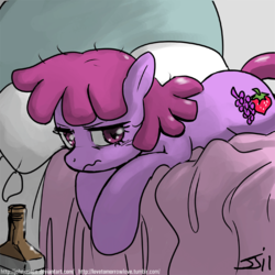 Size: 900x900 | Tagged: safe, artist:johnjoseco, berry punch, berryshine, earth pony, pony, g4, adobe imageready, bed, female, hangover, liquor, mare, messy mane, morning ponies, palindrome get, pillow, solo
