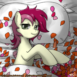 Size: 900x900 | Tagged: safe, artist:johnjoseco, roseluck, earth pony, pony, g4, adobe imageready, bed, female, looking at you, mare, morning ponies, pillow, rose, rose petals, smiling, solo