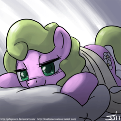 Size: 900x900 | Tagged: safe, artist:johnjoseco, daisy, flower wishes, earth pony, pony, g4, adobe imageready, female, looking at you, mare, morning ponies, pillow, smiling, solo