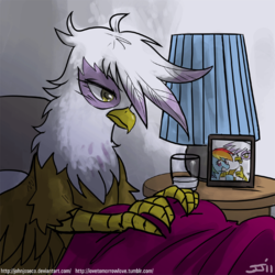 Size: 900x900 | Tagged: safe, artist:johnjoseco, gilda, rainbow dash, griffon, pegasus, pony, g4, adobe imageready, bed, female, glass, morning ponies, pillow, solo