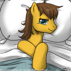 Size: 900x900 | Tagged: safe, artist:johnjoseco, caramel, earth pony, pony, g4, adobe imageready, bed, carabetes, cute, looking at you, male, morning ponies, on back, pillow, solo, stallion