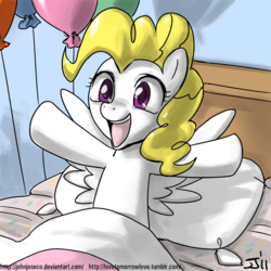 Size: 900x900 | Tagged: safe, artist:johnjoseco, surprise, pegasus, pony, g1, g4, adobe imageready, balloon, bed, female, g1 to g4, generation leap, mare, morning ponies, pillow, smiling, solo, spread wings, wings