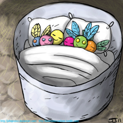 Size: 900x900 | Tagged: safe, artist:johnjoseco, parasprite, g4, adobe imageready, box, bucket, cute, eyes closed, eyes open, morning ponies, sleeping