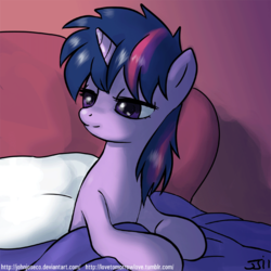 Size: 900x900 | Tagged: safe, artist:johnjoseco, twilight sparkle, pony, unicorn, g4, adobe imageready, bed, bed hair, blanket, female, lidded eyes, mare, morning ponies, pillow, smiling, solo, unicorn twilight