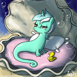 Size: 900x900 | Tagged: safe, artist:johnjoseco, lyra heartstrings, sea pony, unicorn, g4, 2011, adobe imageready, artifact, background pony, bubble, crepuscular rays, female, fins, horn, lidded eyes, morning ponies, ocean, oyster, palindrome get, pillow, rubber duck, seaponified, seapony lyra, shell, solo, species swap, sunlight, underwater, water