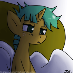 Size: 900x900 | Tagged: safe, artist:johnjoseco, snails, pony, unicorn, g4, adobe imageready, bed, colt, cute, diasnails, foal, male, morning ponies, pillow, solo