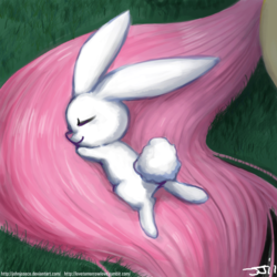 Size: 900x900 | Tagged: safe, artist:johnjoseco, angel bunny, fluttershy, pegasus, pony, rabbit, g4, adobe imageready, angelbetes, animal, cute, female, male, male focus, mare, morning ponies, prone, sleeping, smiling, solo focus, tail pillow