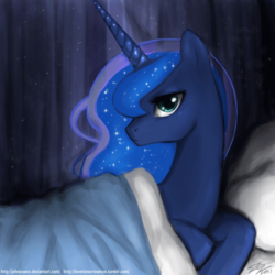 Size: 900x900 | Tagged: safe, artist:johnjoseco, princess luna, alicorn, pony, g4, adobe imageready, bed, blanket, female, mare, morning ponies, pillow, signature, solo