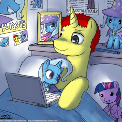 Size: 900x900 | Tagged: safe, artist:johnjoseco, trixie, twilight sparkle, oc, oc:sethisto, pony, unicorn, equestria daily, g4, adobe imageready, bed, clothes, computer, hat, heart, laptop computer, male, morning ponies, picture, plushie, ponified, ponysona, sethxie, solo, stallion, trixie's hat, unicorn twilight