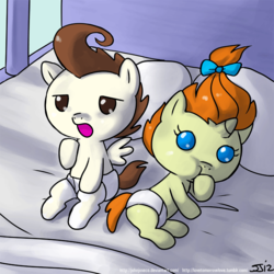 Size: 900x900 | Tagged: safe, artist:johnjoseco, pound cake, pumpkin cake, pegasus, pony, unicorn, g4, adobe imageready, baby, baby pony, cake twins, colt, duo, female, filly, foal, male, morning ponies, pillow, siblings, signature, spread wings, twins, wings