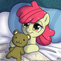 Size: 900x900 | Tagged: safe, artist:johnjoseco, apple bloom, earth pony, pony, g4, :3, adobe imageready, adorabloom, bed, bedroom, cute, female, filly, foal, lidded eyes, looking at you, missing accessory, morning ponies, on back, pillow, plushie, sleepy, smiling, solo, sweet apple acres, sweet dreams fuel, teddy bear, tired