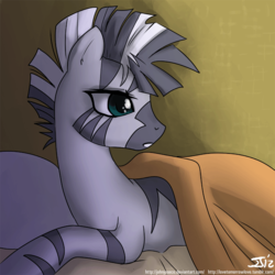 Size: 900x900 | Tagged: safe, artist:johnjoseco, zecora, pony, zebra, g4, adobe imageready, bed, female, mare, morning ponies, pillow, solo, waking up