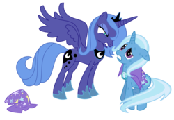 Size: 1300x900 | Tagged: safe, artist:adcoon, princess luna, trixie, alicorn, pony, unicorn, g4, cape, clothes, duo, female, hat, hoof shoes, inkscape, looking at each other, mare, s1 luna, show accurate, simple background, transparent background, trixie's cape, trixie's hat, vector