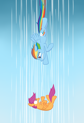 Size: 2050x3000 | Tagged: dead source, safe, artist:manateemckenzie, rainbow dash, scootaloo, pegasus, pony, g4, falling, female, filly, flying, high res, mare, scootaloo can't fly, this will end in tears and/or death