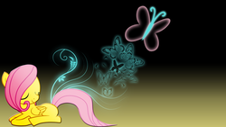 Size: 1920x1080 | Tagged: safe, artist:zeldafreak159, fluttershy, butterfly, pegasus, pony, g4, eyes closed, female, filly, get, gradient background, index get, lying down, photoshop, prone, repdigit milestone, smiling, solo, wallpaper, younger