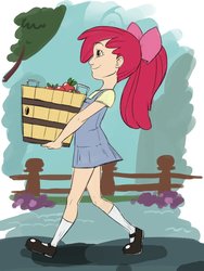 Size: 1200x1600 | Tagged: safe, artist:thelivingmachine02, apple bloom, human, g4, apple, apple bloom's bow, bow, bucket, clothes, denim, denim dress, dress, female, gimp, hair bow, humanized, mary janes, palindrome get, solo