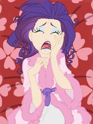 Size: 1200x1600 | Tagged: safe, artist:thelivingmachine02, rarity, human, suited for success, bathrobe, bed, clothes, eyes closed, eyeshadow, female, gimp, humanized, i'm so pathetic, lipstick, makeup, marshmelodrama, messy hair, on back, open mouth, pathetic, robe, scene interpretation, solo, wangst