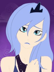 Size: 1172x1561 | Tagged: safe, artist:thelivingmachine02, princess luna, human, g4, bare shoulders, female, front view, frown, gimp, humanized, jewelry, light skin, lipstick, looking at you, makeup, night, s1 luna, solo, tiara