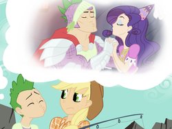 Size: 1600x1200 | Tagged: safe, artist:thelivingmachine02, applejack, rarity, spike, human, a dog and pony show, g4, beefspike, daydream, female, gimp, human spike, humanized, imminent kissing, knight spike, light skin, lipstick, male, purple lipstick, scene interpretation, ship:applespike, ship:sparity, shipping, straight, varying degrees of want
