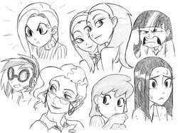Size: 1600x1200 | Tagged: safe, artist:thelivingmachine02, aloe, berry punch, berryshine, dj pon-3, fluttershy, lotus blossom, mayor mare, rarity, twilight sparkle, vinyl scratch, human, g4, female, gimp, glasses, grayscale, humanized, monochrome, simple background, spa twins, white background