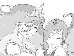 Size: 1600x1200 | Tagged: safe, artist:thelivingmachine02, princess celestia, princess luna, human, friendship is magic, g4, duo, duo female, eyes closed, female, gimp, grayscale, hand on shoulder, humanized, monochrome, royal sisters, s1 luna, scene interpretation, simple background, white background