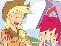 Size: 1024x768 | Tagged: safe, artist:thelivingmachine02, apple bloom, applejack, human, g4, apple, apple bloom's bow, apple sisters, applejack's hat, bored, bow, cowboy hat, female, gimp, hair bow, hat, humanized, open mouth, siblings, sisters, sweet apple acres, talking