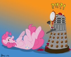 Size: 1000x800 | Tagged: safe, artist:the_gneech, part of a set, pinkie pie, earth pony, pony, g4, adobe imageready, comedy, crossover, dalek, doctor who, exclamation point, female, gradient background, laughing, mare, on back, pie, pied, pinkie antics, ponk, question mark, random