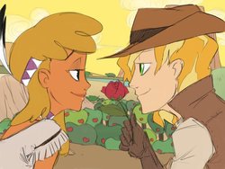 Size: 1024x768 | Tagged: safe, artist:thelivingmachine02, braeburn, little strongheart, human, g4, appleloosa, duo, eye contact, female, gimp, humanized, looking at each other, male, rose, ship:braeheart, shipping, straight