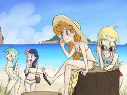 Size: 1024x768 | Tagged: safe, artist:thelivingmachine02, bon bon, carrot top, derpy hooves, golden harvest, lyra heartstrings, sweetie drops, human, g4, ankles, ass, basket, beach, belly button, bikini, bikini babe, blue swimsuit, breasts, butt, clothes, dat ass, delicious flat chest, derpy flat, feet, female, flatbon, flatyra, flip-flops, gimp, glasses, human coloration, humanized, leaning, light skin, lip bite, lyra hindstrings, lyrebutt, open mouth, orange swimsuit, sandals, side-tie bikini, sitting, skinny, small breasts, smiling, sunglasses, swimsuit, thin, tree stump, underp, wedgie, wide eyes, wink, yellow swimsuit