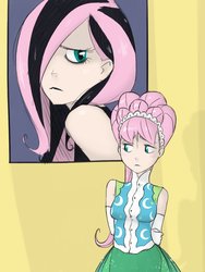 Size: 768x1024 | Tagged: safe, artist:thelivingmachine02, fluttershy, human, g4, green isn't your color, abstract background, alternate hairstyle, arm behind back, black lipstick, blush sticker, blushing, clothes, dress, emoshy, female, gimp, gloves, humanized, light skin, lipstick, looking at you, looking away, makeup, modelshy, sleeveless, solo