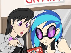 Size: 1024x768 | Tagged: safe, artist:thelivingmachine02, dj pon-3, octavia melody, vinyl scratch, human, g4, cd, duo, female, gimp, glasses, humanized, radio, unamused, vinyl scratch is not amused