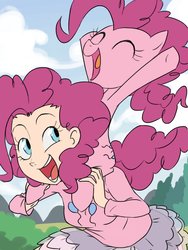 Size: 768x1024 | Tagged: safe, artist:thelivingmachine02, pinkie pie, earth pony, human, pony, g4, button nose, clothes, cutie mark on clothes, female, gimp, human ponidox, humanized, light skin, mare, open mouth, open smile, piggyback ride, pinkie being pinkie, ponies riding humans, riding, self ponidox, self riding, skirt, smiling