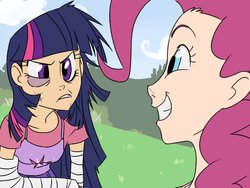 Size: 1024x768 | Tagged: safe, artist:thelivingmachine02, pinkie pie, twilight sparkle, human, feeling pinkie keen, g4, angry, bandage, broken arm, broken bone, cast, clothes, cutie mark on clothes, duo, duo female, female, gimp, grin, human coloration, humanized, injured, looking at each other, scene interpretation, skirt, smiling, tank top, twilight sparkle is not amused, unamused