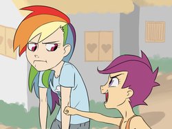 Size: 1024x768 | Tagged: safe, artist:thelivingmachine02, rainbow dash, scootaloo, human, g4, :i, bare shoulders, clothes, cutie mark on clothes, duo, duo female, female, gimp, humanized, looking at each other, shirt, sleeveless, t-shirt, tank top
