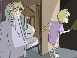 Size: 1024x768 | Tagged: safe, artist:thelivingmachine02, derpy hooves, dinky hooves, human, g4, bed, blanket, closet, clothes, dark, door, equestria's best daughter, female, flashlight (object), gimp, hat, humanized, nightcap, pillow, pointing, role reversal, scared, skinny, slippers, thin