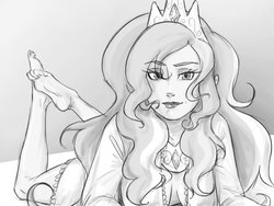Size: 1024x768 | Tagged: safe, artist:thelivingmachine02, princess celestia, human, g4, ankles, barefoot, breasts, cleavage, crown, feet, female, foot fetish, gimp, grayscale, humanized, jewelry, looking at you, monochrome, prone, regalia, smiling, soles, solo