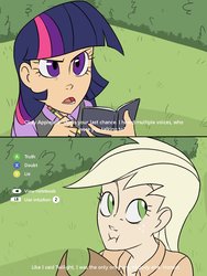 Size: 768x1024 | Tagged: safe, artist:thelivingmachine02, applejack, twilight sparkle, human, g4, :t, book, crossover, duo, female, gimp, humanized, l.a. noire, liar face, liarjack, looking back, parody, scrunchy face, subtitles