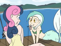 Size: 1024x768 | Tagged: safe, artist:thelivingmachine02, bon bon, lyra heartstrings, sweetie drops, human, mermaid, worm, g4, behaving like a fish, bon bon is not amused, duo, female, fishing, fishing hook, fishing rod, gimp, grin, hook, humanized, light skin, looking at each other, mermaid lyra, mermaidized, midriff, mouth hold, ocean, shocked, smiling, water, wet, wet hair