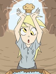 Size: 768x1024 | Tagged: safe, artist:thelivingmachine02, derpy hooves, human, g4, cave, clothes, cutie mark on clothes, female, gimp, humanized, item get, muffin, palindrome get, parody, solo, that pony sure does love muffins, the legend of zelda, you got the thing