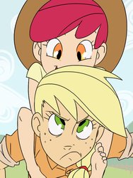 Size: 768x1024 | Tagged: safe, artist:thelivingmachine02, apple bloom, applejack, human, g4, accessory swap, apple sisters, applejack's hat, barefoot, cowboy hat, cute, feet, female, hat, humanized, piggyback ride, siblings, sisters
