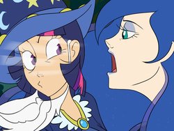 Size: 1024x768 | Tagged: safe, artist:thelivingmachine02, princess luna, twilight sparkle, human, g4, luna eclipsed, duo, duo female, female, gimp, humanized, nightmare night, scene interpretation, star swirl the bearded costume, traditional royal canterlot voice, twilight the bearded