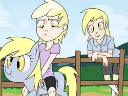 Size: 1024x768 | Tagged: safe, artist:thelivingmachine02, derpy hooves, dinky hooves, human, pegasus, pony, g4, :<, :t, button nose, cross-eyed, day, dinky riding derpy, duo, duo female, female, fence, frown, funny, gimp, human ponidox, humanized, humans riding ponies, leaning, leaning on fence, light skin, mare, nose wrinkle, outdoors, riding, scrunchy face, self ponidox, smiling
